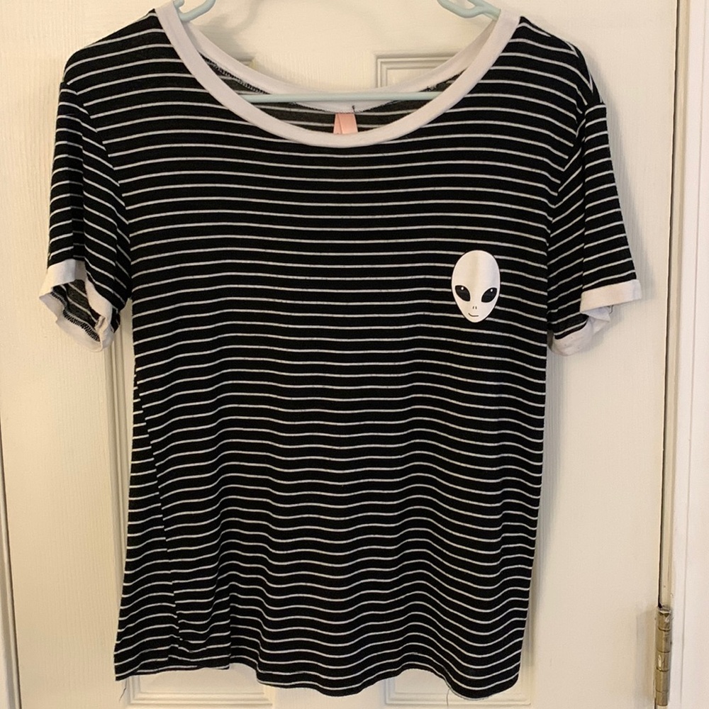 Black and white striped alien tee